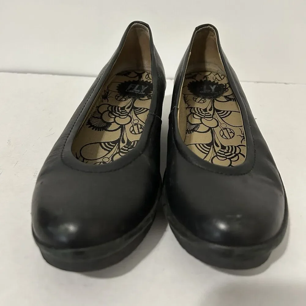 Fly London Black Leather Slip On Wedge Shoes Womens Size 39 /US 8.5 Boho Witchy